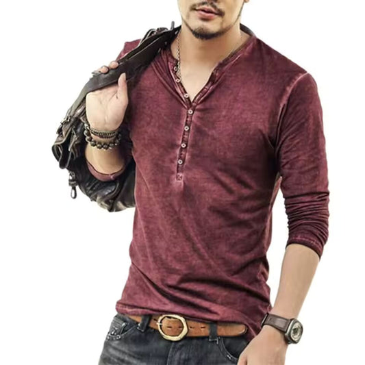 Long Sleeve Men T-shirt Solid Color Casual V Neck Thin Buttons T-shirt Male Clothing Streetwear Casual Fashion T-shirt