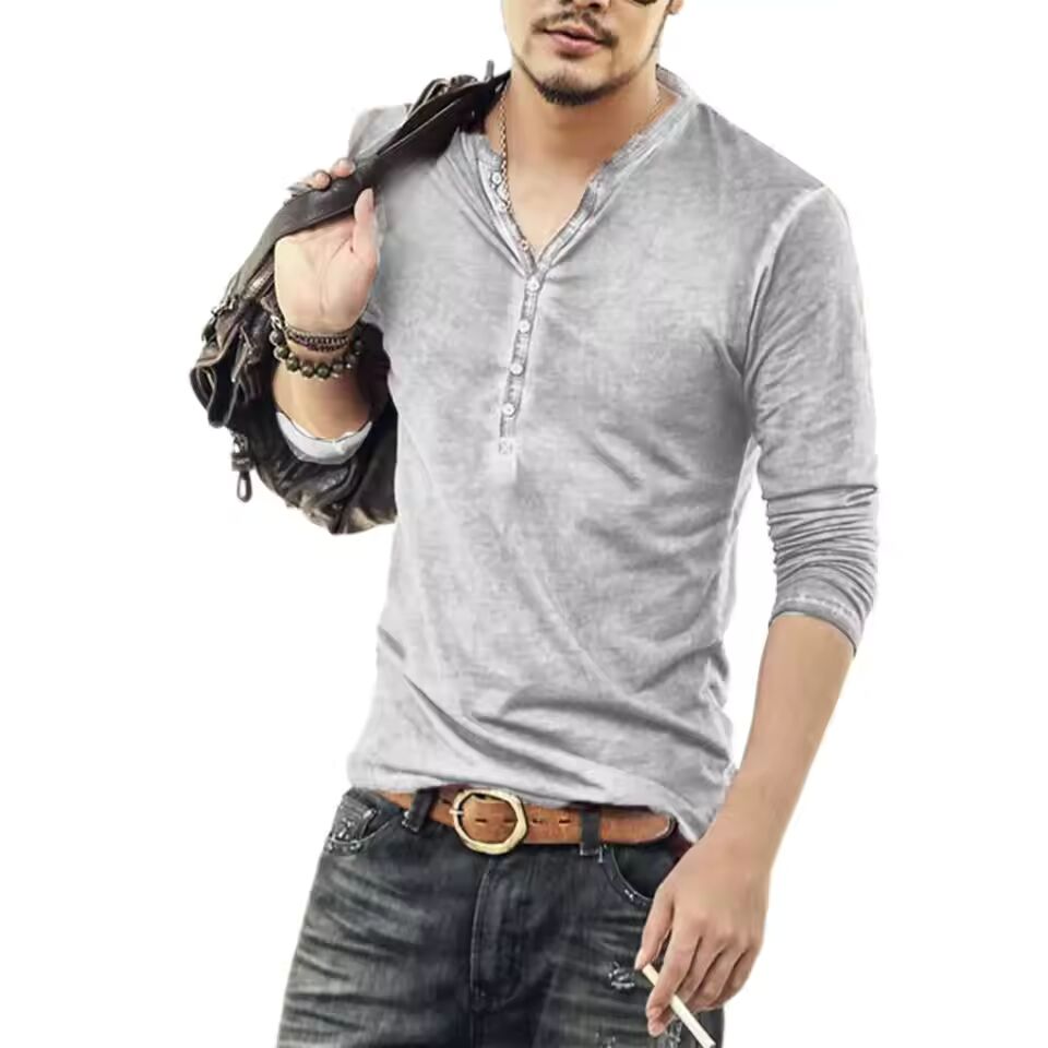 Long Sleeve Men T-shirt Solid Color Casual V Neck Thin Buttons T-shirt Male Clothing Streetwear Casual Fashion T-shirt