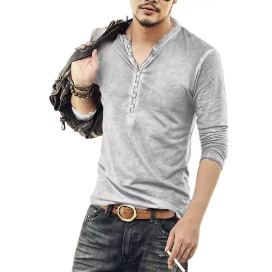 Long Sleeve Men T-shirt Solid Color Casual V Neck Thin Buttons T-shirt Male Clothing Streetwear Casual Fashion T-shirt
